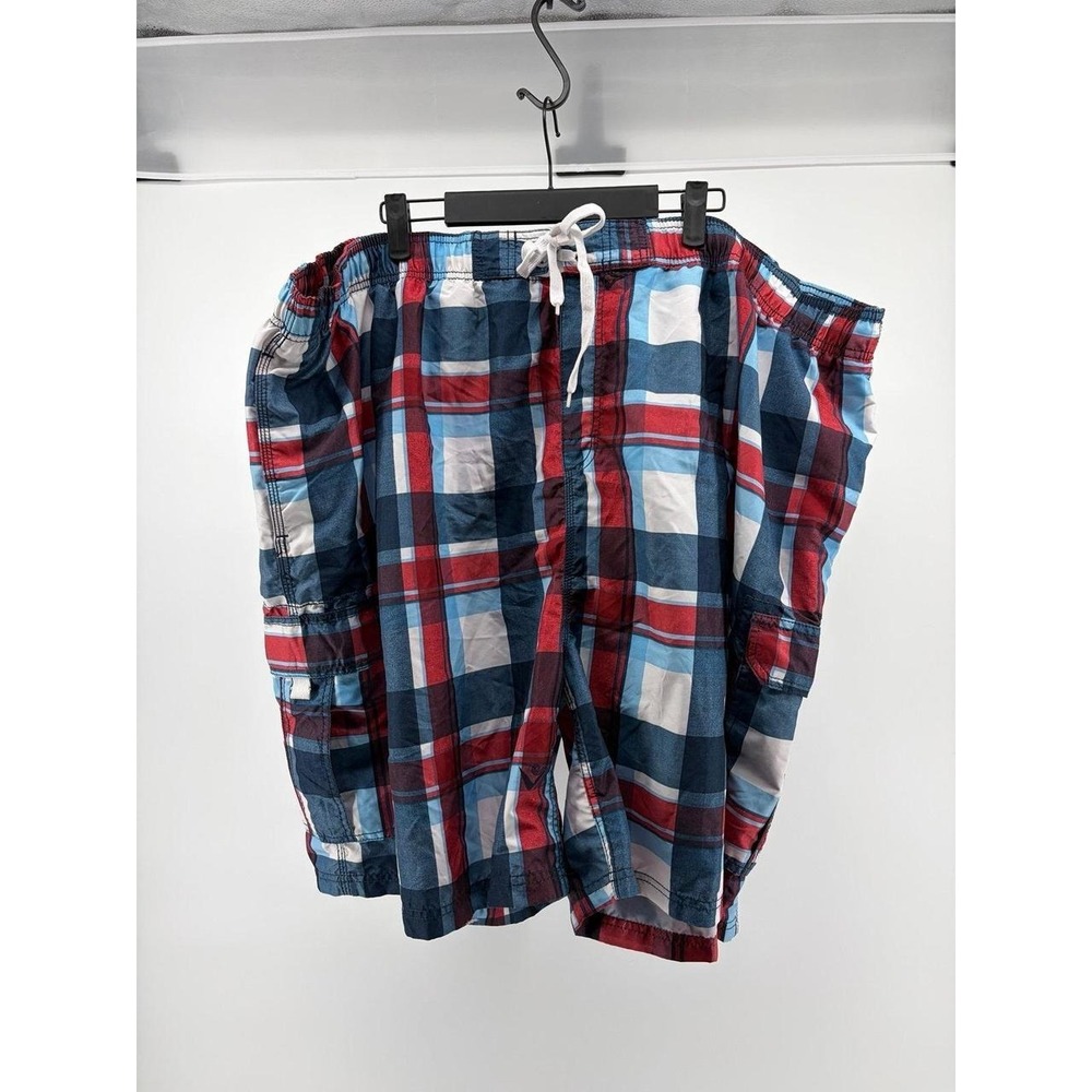 Kanu Surf Swim Trunks, Red/White/Blue Plaid Pattern, Mesh Liner, Men's Size 5X